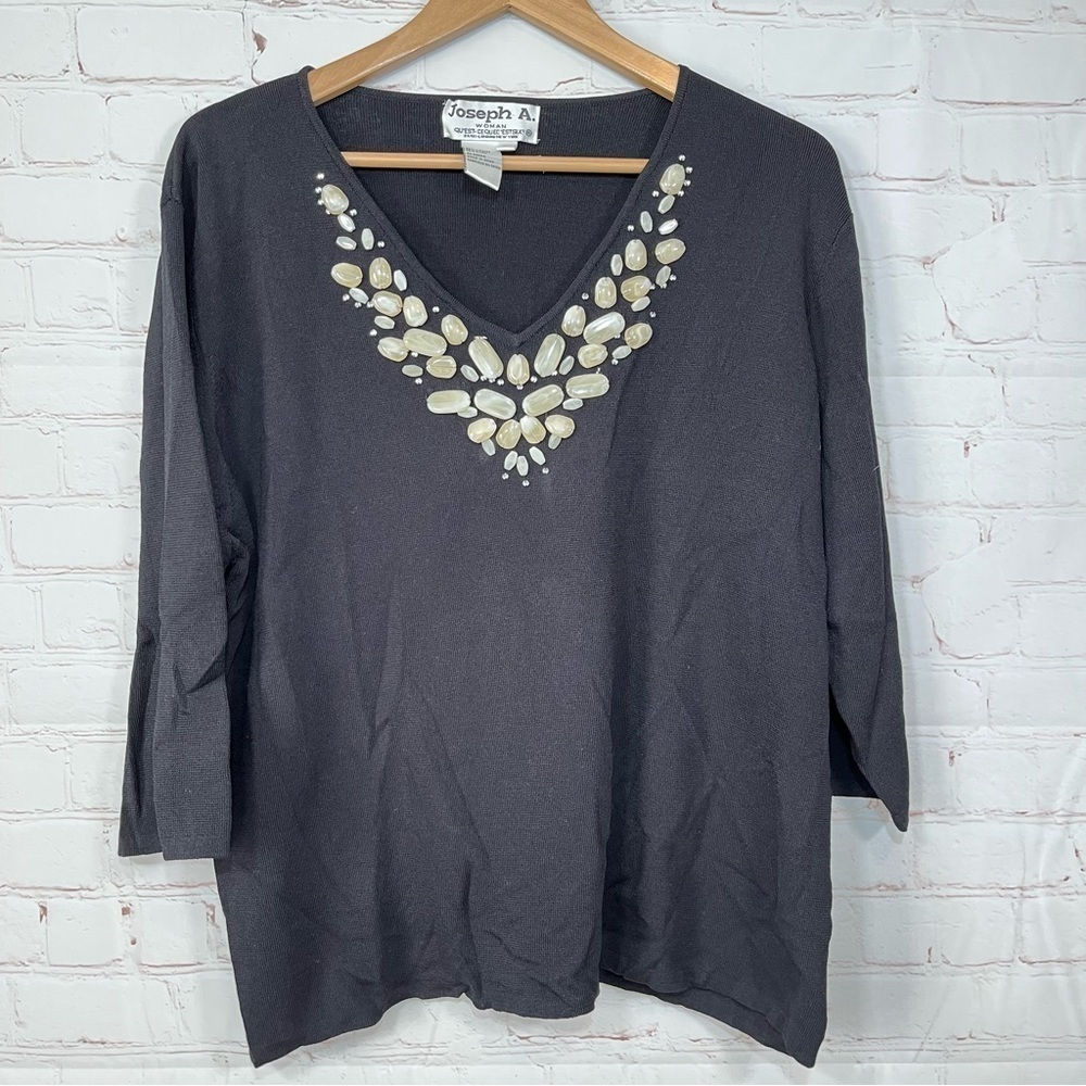 Joseph A Shirt Womens 2X Black Embellished Beaded Stones V Neck Top Blouse
